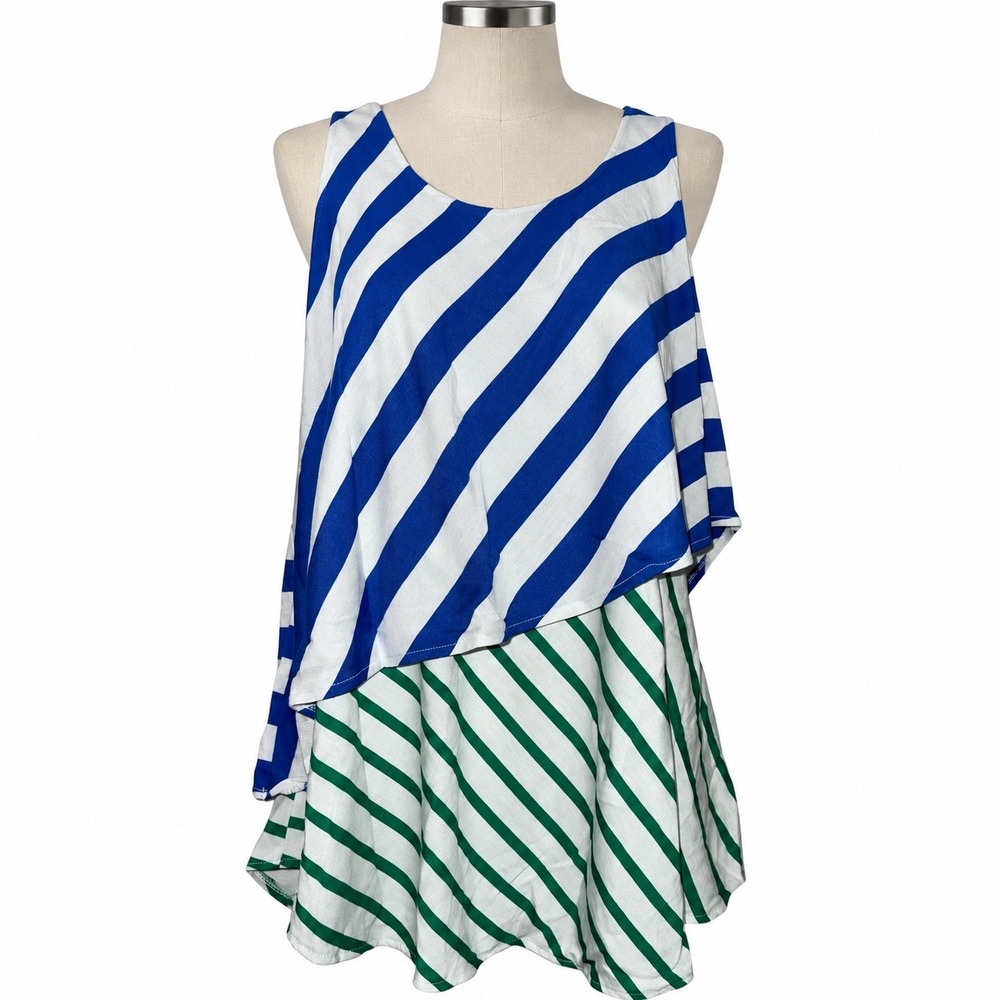 Faded Glory Womens L 12-14 Blue Green Striped Tunic Top Artsy Coastal